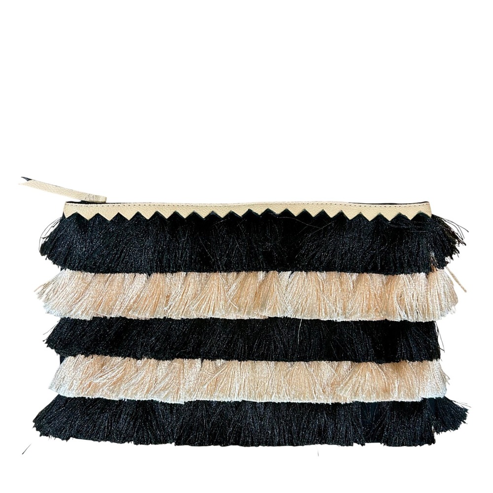 Stella & Dot Black Champagne Pink Fringe Tassel Clutch Floral Lining Evening Bag